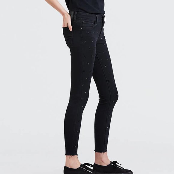 Levis 711 Skinny Black Studded Raw Hem Ankle Jeans - Picture 2 of 6